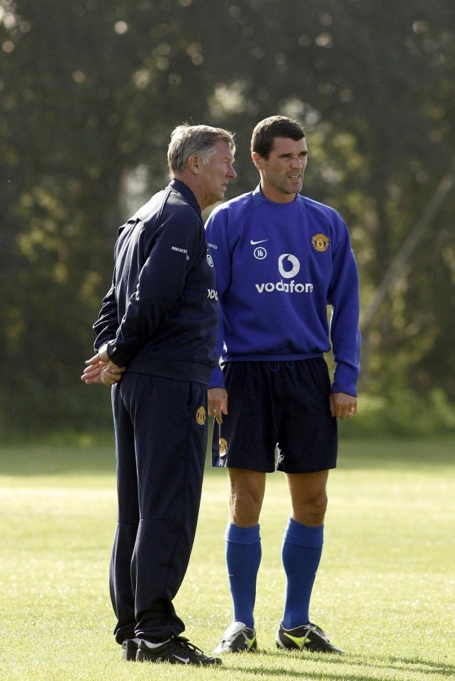 Alex Ferguson with captain Roy Keane during a training session at Carrington in September  2005