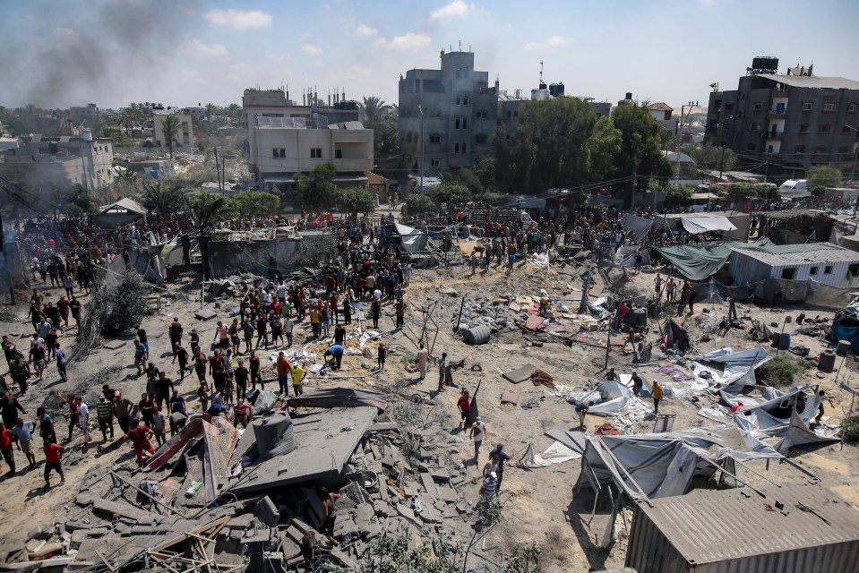 The site of the Israeli strike in Khan Yunis, southern Gaza, July 13