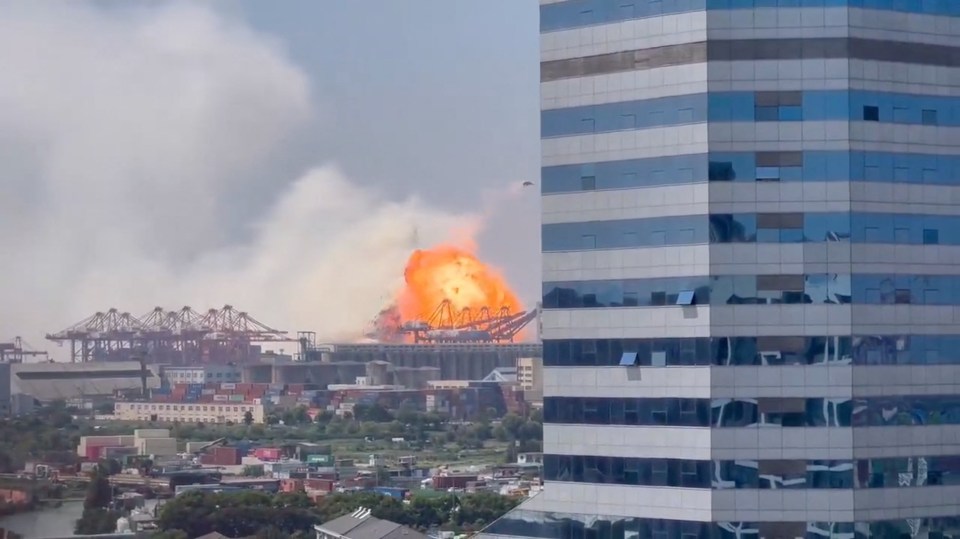 The powerful explosion hit a container ship at around 1:40 pm on Friday