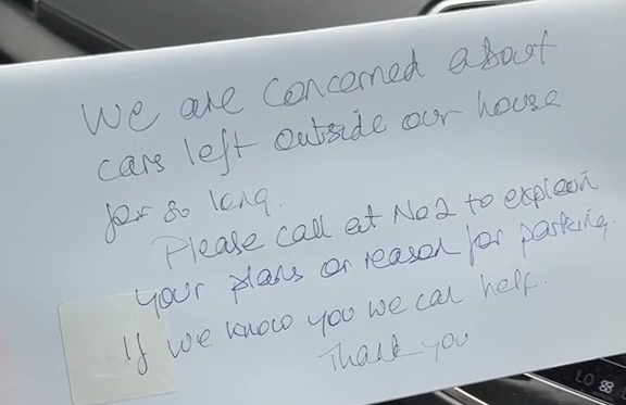 A couple who live on the road on which he'd parked wrote him the letter saying they were "concerned" about his abandoned car