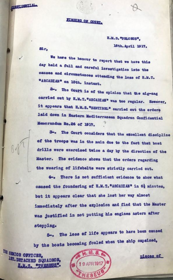 A British archival entry about the sinking of the Arcadian