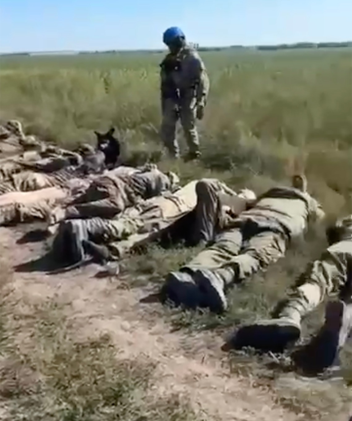 A previous clip showed thousands of Russian soldiers lying down on ground after giving up their weapons