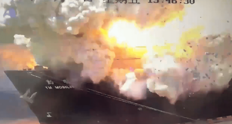 Footage of the explosion shows the fireball, followed by thick black smoke rising from the cargo ship