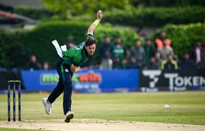 12 May 2024; Mark Adair of Ireland during match two of the Floki Men's T20 International Series between Ireland and Pakistan at Castle Avenue Cricket Ground in Dublin. Photo by Seb Daly/Sportsfile