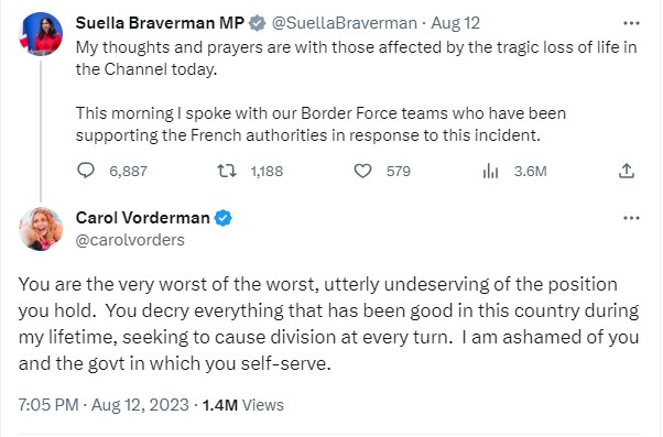 Vorderman responds to Suella Braverman on Twitter last month