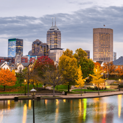 Photo of the Indianapolis skyline near Gainbridge Fieldhouse.