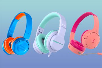 Headphones for kids arranged on a blue background