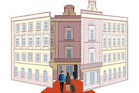 An illustration of hotel guests entering a dollhouse