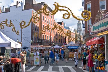 People attending Italian festival in the North End, Boston, MA