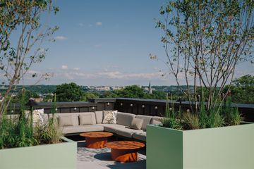 Lounge couches on the rooftop at Hotel Heron