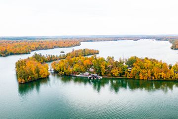 Aerial view of Stout's Island Lodge in Red Cedar Lake, Wisconsin