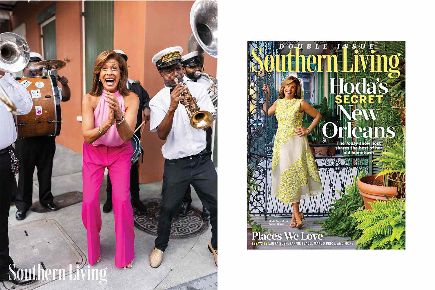 Hoda Kotb dancing with a band in New Orleans and the cover of Southern Living with Hoda on a New Orleans balcony 