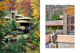 Two photos from Fallingwater by Frank Lloyd Wright, one showing an exterior in autumn, and one showing an exterior terrace