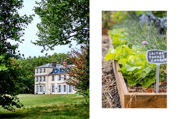 A large marble colored building in Versailles; vegetables growing in a garden