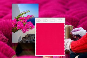 From left: Bougainvillea flower in Oia, Santorini, Greece; Vive Magenta Pantone swatch; Pink dyed incense sticks in Hanoi, Vietnam