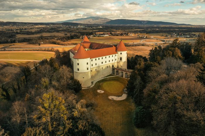 Aerial view of the Mokrica Castle in Slovenia, on a late fall day