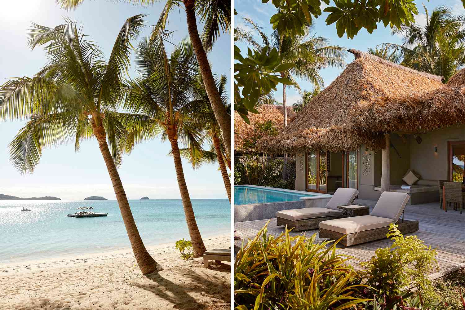 Pair of photos from Kokomo Private Island, showing the beach and a villa deck