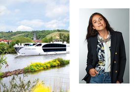 Uniworld Cruise ship exterior in Europe and portrait of Travel+Leisure Editor in Chief, Jacqui Gifford