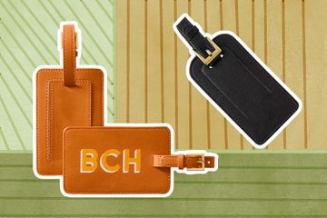 Best personalized luggage tags to gift collaged against colorful green and tan background