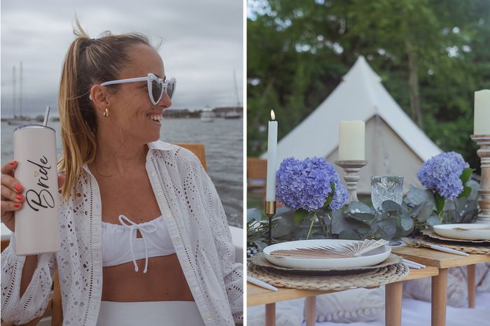 A bride on her bachelorette party and a luxurious picnic table set up in front of glamping tents 