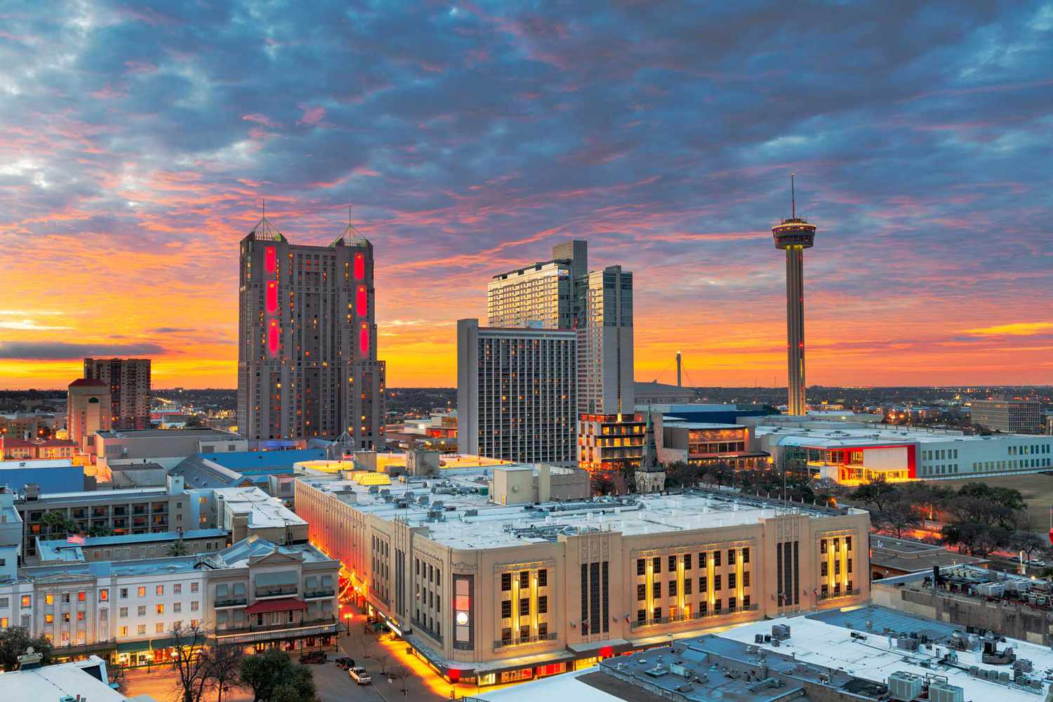San Antonio, Texas, downtown skyline from above at dawn.
