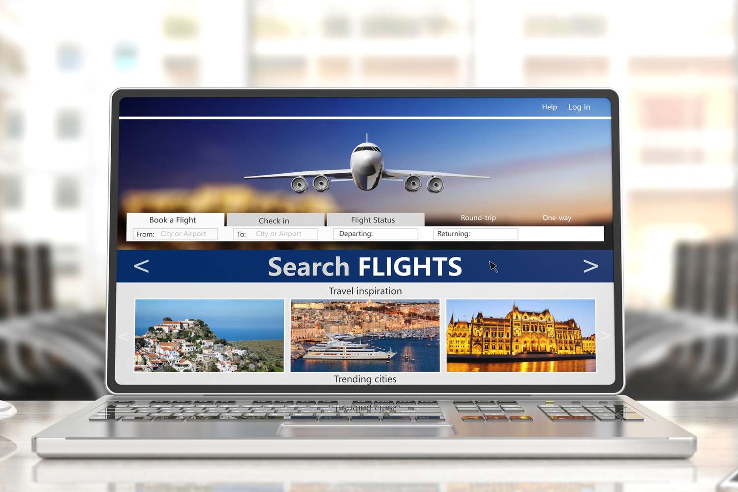 Flights online booking and reservation. Search flights on a computer laptop screen, front view, blur office business background. 3d illustration