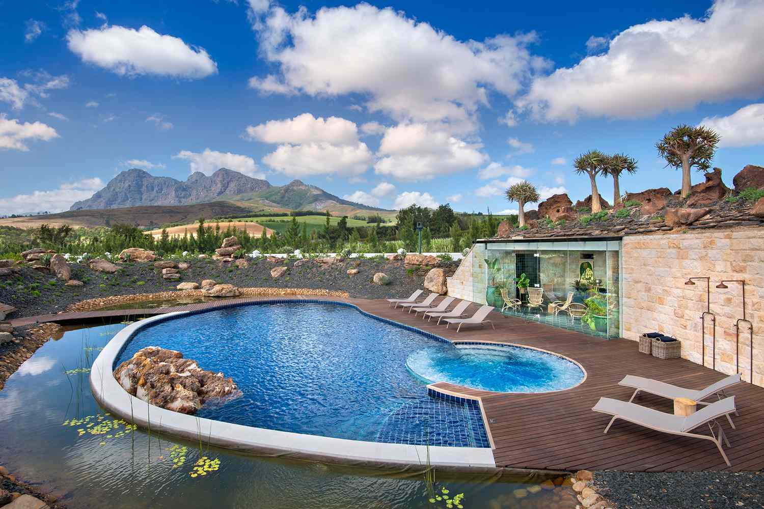 Aerial view of the pool and exterior view of Babylonstoren in Franschhoek, South Africa