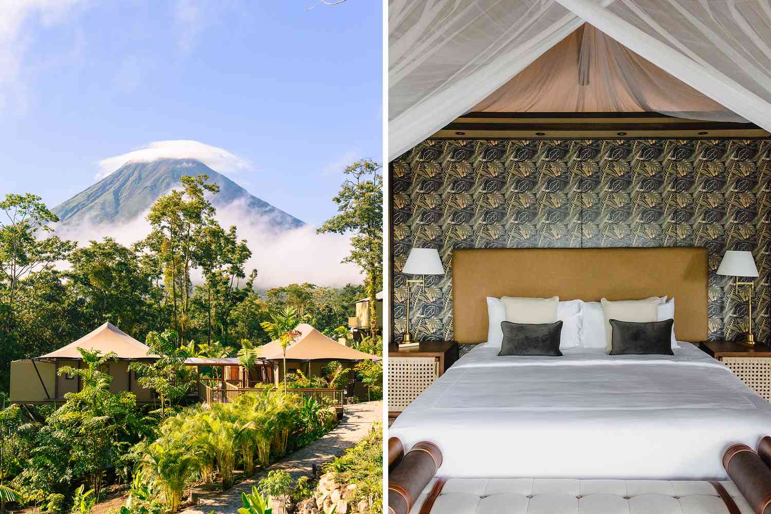 Pair of photos from Nayara Tented Camp, one showing an exterior, and one showing a guest bed