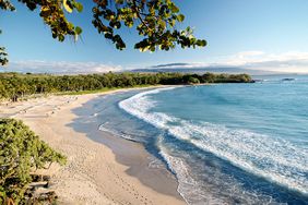 BigIsle, Kaunaoa Bay, Mauna Kea Beach Resort, umbrellas along shoreline