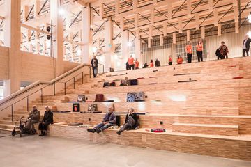 Inside the wooden Foyer of the Sara Kulturhus in Sweden