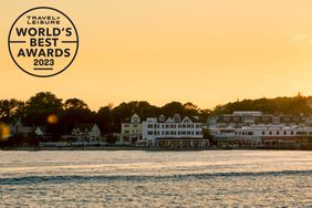 Victorian architecture on the coast of Mackinac Island Michigan at sunset