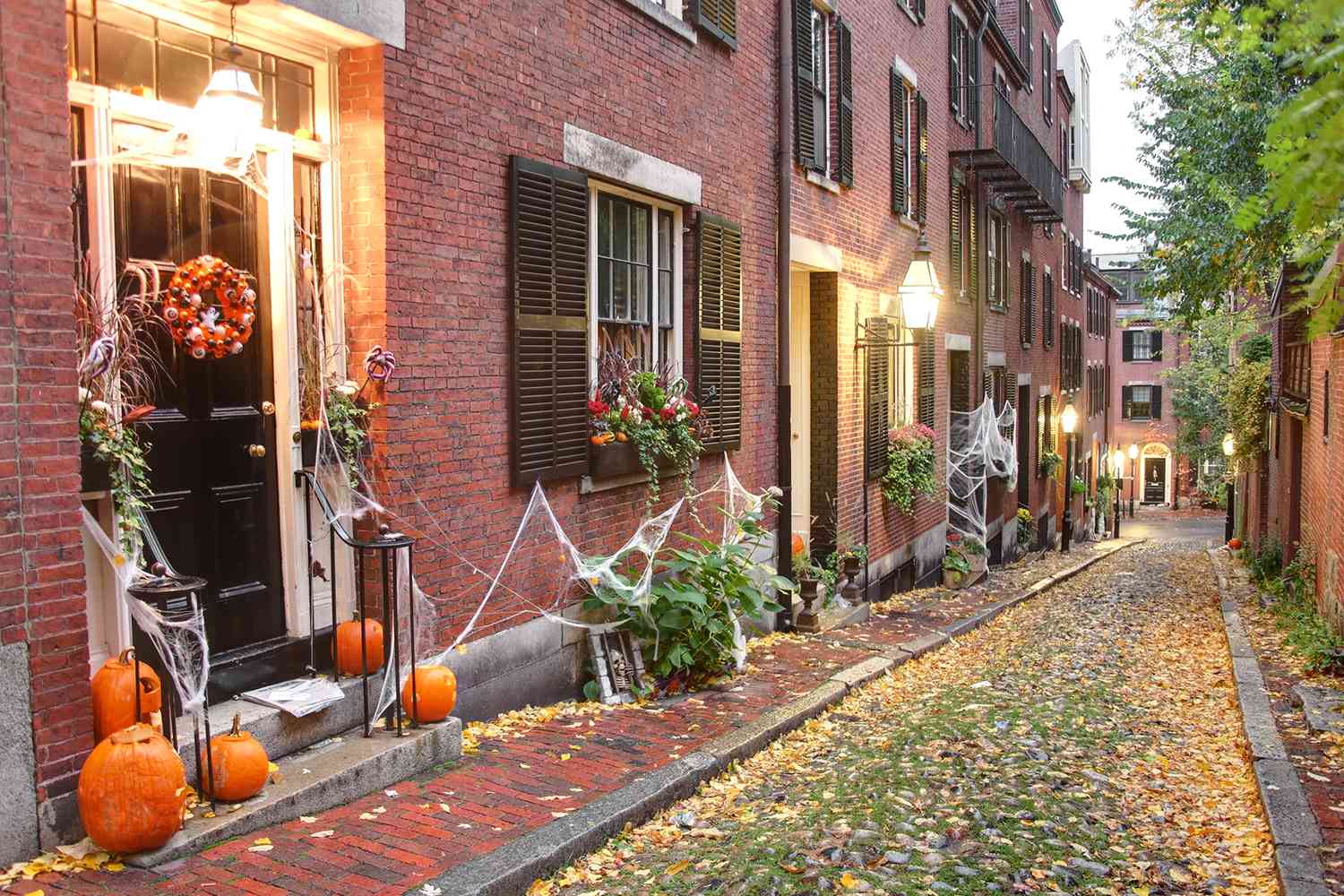 Halloween decorations in the Beacon Hill neighborhood of Boston in autumn. 