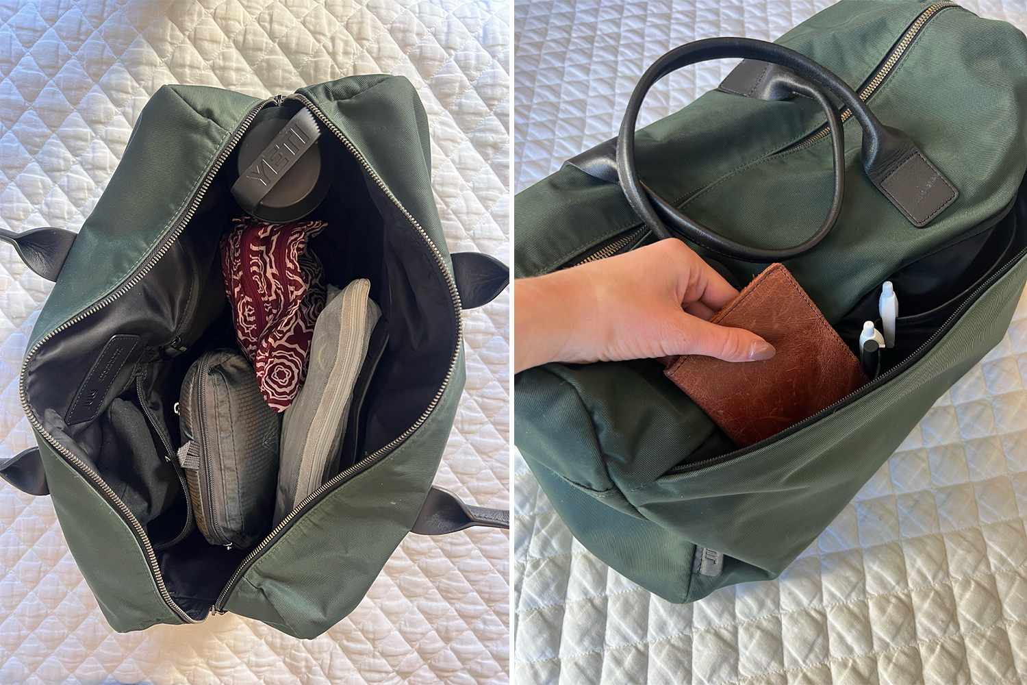 Split of two images of the July Carry All Weekender