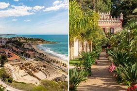 Pair of photos from Spain, one showing an amphitheater in Tarragona, and one showing a path on the grounds of a hotel in Xerta