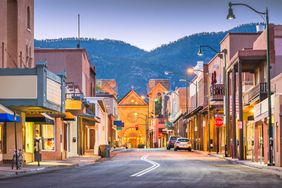 Santa Fe, New Mexico, USA downtown cityscape and street at twilight.