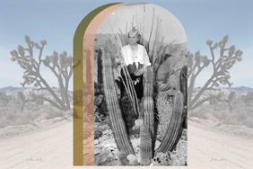A photo collage showing Mrs Minerva Sherman Hoyt and her exhibit of cacti and other succulent plants, Pasadena, California, early to mid 20th century with Joshua Tree in the background
