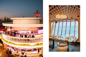 People sitting at a bar on a cruise ship; a dining room at a restaurant on a cruise ship