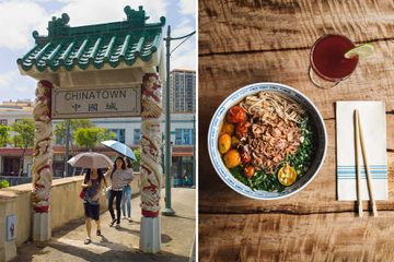 Scenes from Honolulu's Chinatown, including women walking through the gate, and a plate of vegan pho