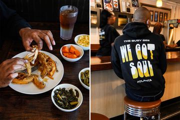 Two photos from Atlanta's Busy Bee Cafe, including a plate of chicken and waffles and sides, and an employee sitting at the restaurant's counter in a Busy Bee sweatshirt