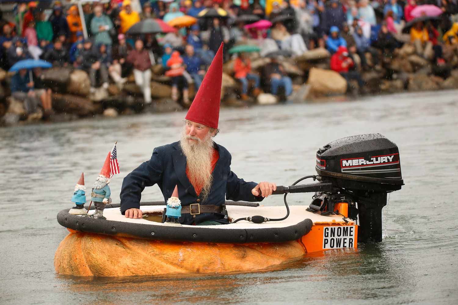 Tom Lishness of Windsor motors during the Powerboat division of the Pumpkin Regatta, part of the Pumpkinfest in Damariscotta