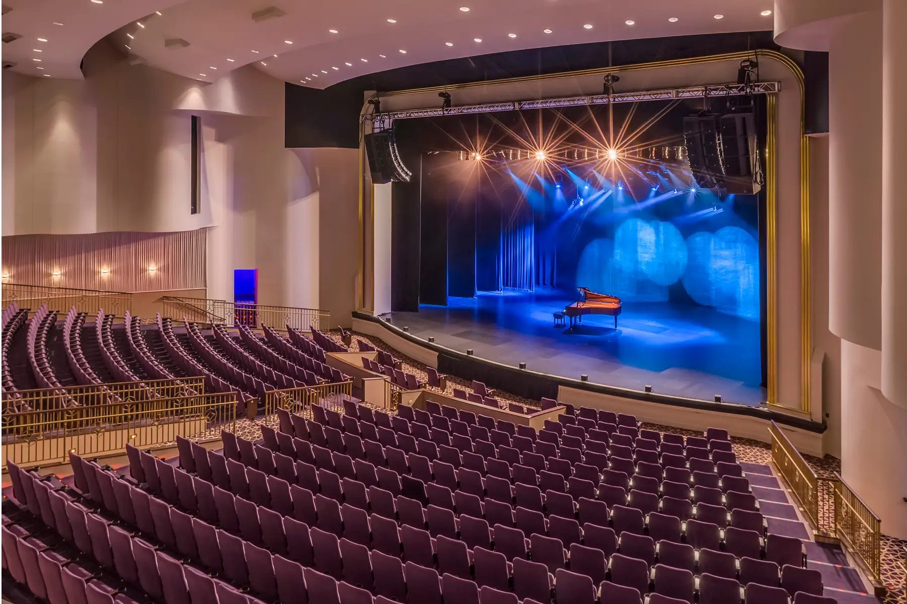 a piano on stage in the Event Center at Turning Stone Resort Casino 