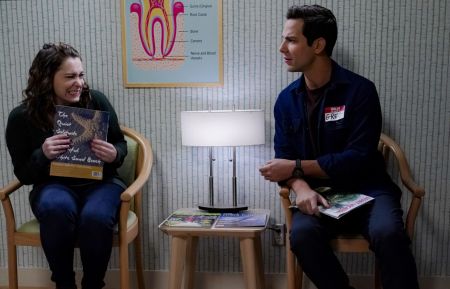 Rachel Bloom and Skylar Astin in the dentist waiting room in Crazy Ex-Girlfriend