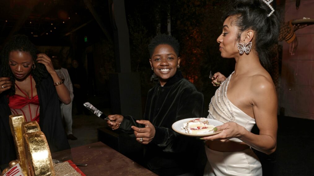 Bre-Z and Chelsea Tavares cut the cake at “All American” 100th Episode and Season 6 Premiere Celebration Hosted by Warner Bros.