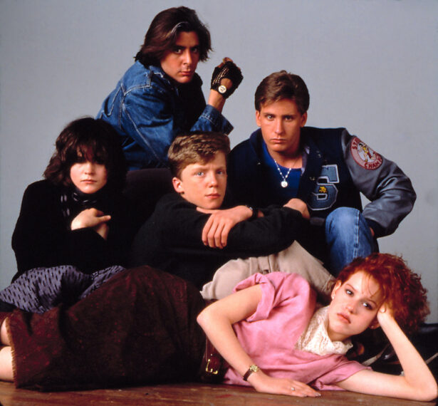 Judd Nelson, Emilio Estevez, (center) Anthony Michael Hall, (lying down) Molly Ringwald, (left) Ally Sheedy in 'The Breakfast Club'