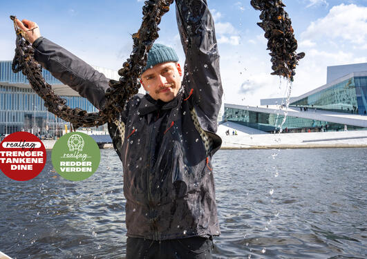 Aksel Borge Harbo med en blåskjellstrømpe i forkant av Den Norske Opera & Ballett.