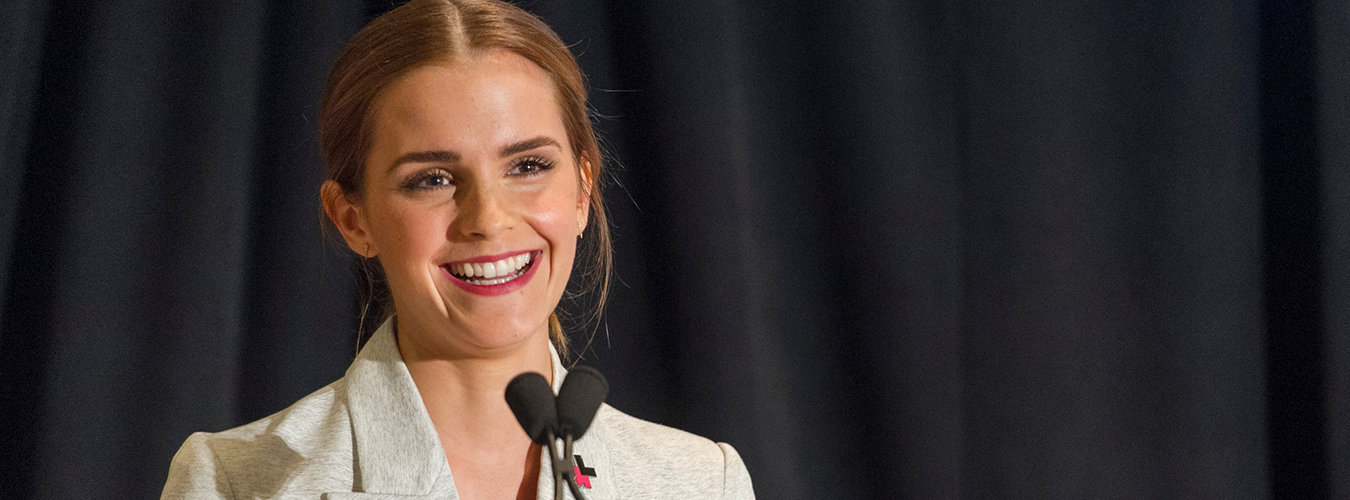 Emma Watson (actrice britannique et ambassadrice de bonne volonté d'ONU Femmes) co-anime un événement spécial organisé par ONU Femmes pour soutenir sa campagne HeForShe (New York, USA).