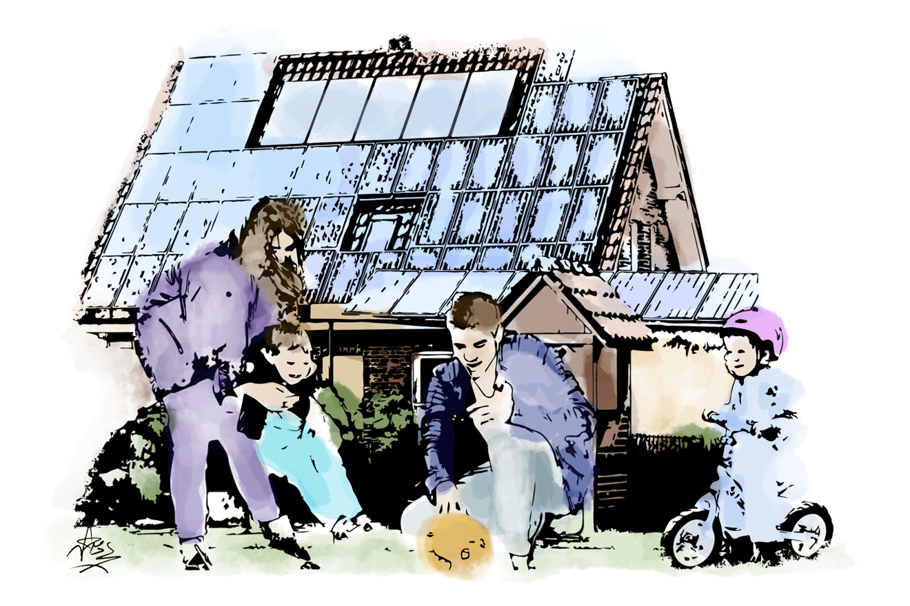 Illustration of a family enjoying time outside their home that has solar panels installed on its roof.