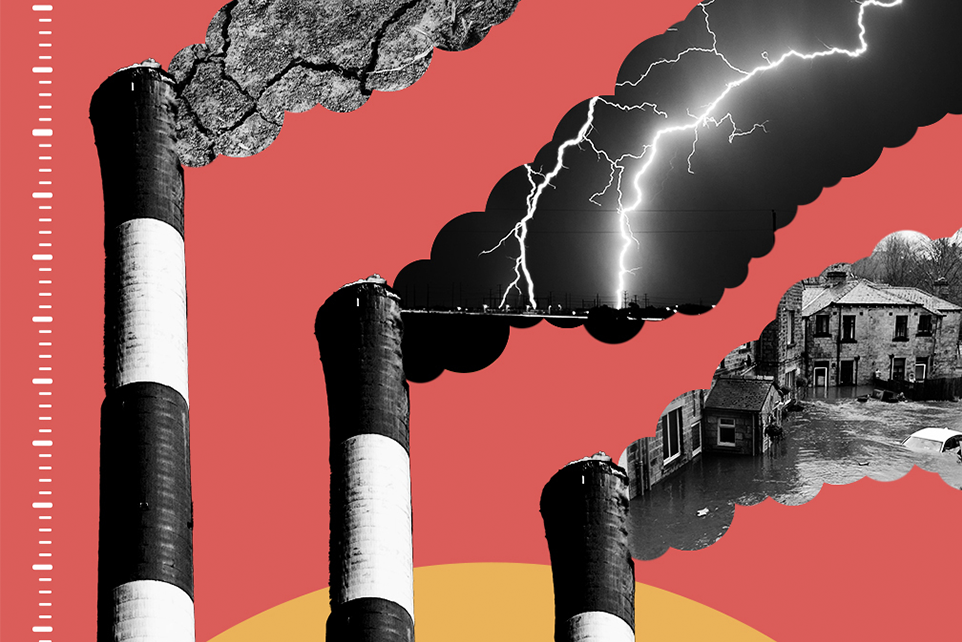 Graphic depicting smoking chimneys contributing to droughts, storms, and floods