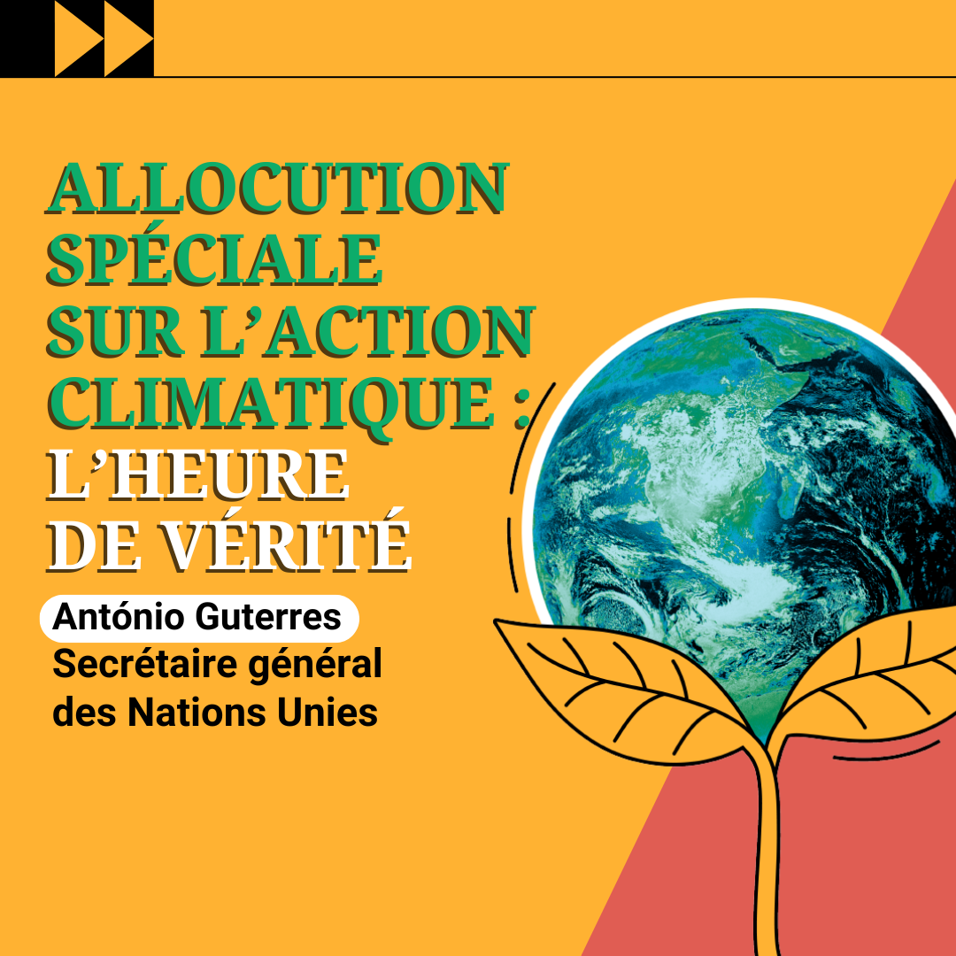 illustration de la planète terre à côté de laquelle est écrit Allocution spéciale sur l'action climatique