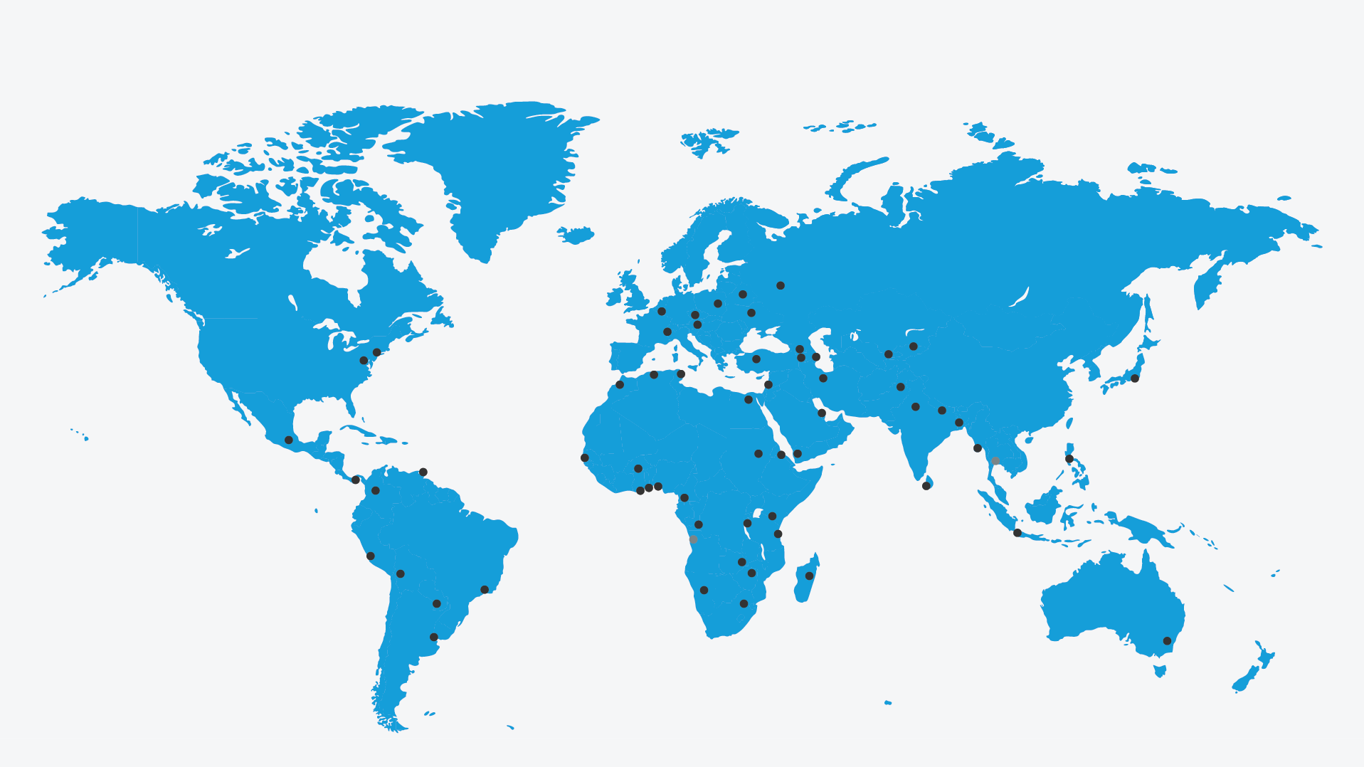 Mapa del mundo con círculos que marcan las localizaciones de los Centros de Información alrededor del mundo